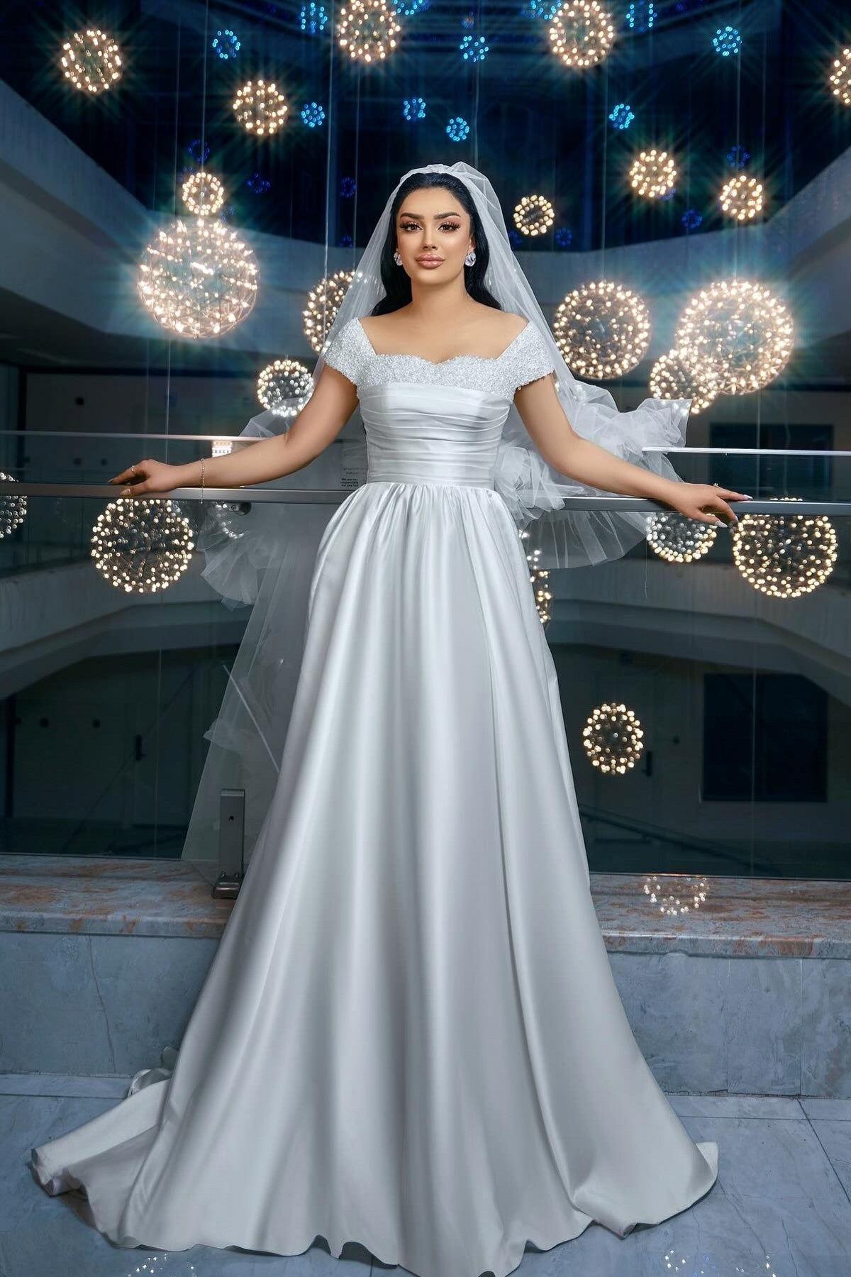 White Wedding Dress A Line Off The Shoulder Sleeveless Beaded Ruffle Satin Bridal Gown With Slit