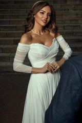 White Wedding Dress A Line Off The Shoulder Sleeves Chiffon Ruffles Bridal Gown