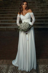 White Wedding Dress A Line Off The Shoulder Sleeves Chiffon Ruffles Bridal Gown