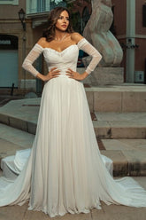 White Wedding Dress A Line Off The Shoulder Sleeves Chiffon Ruffles Bridal Gown