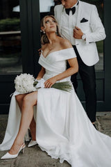White Wedding Dress A Line Off The Shoulder Split Front Lace Up Long Bridal Gown Panel Train