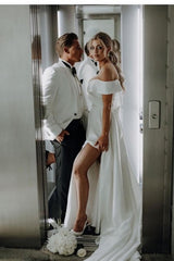 White Wedding Dress A Line Off The Shoulder Split Front Lace Up Long Bridal Gown Panel Train