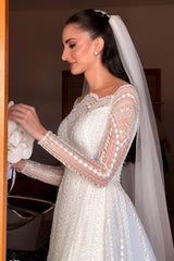 White Wedding Dress A Line Sleeves Beaded Lace Capel Train Bridal Gown