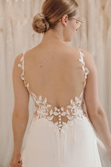 White Wedding Dress A Line Spaghetti Strap V Neck Sleeveless Chiffon Split Front Bridal Gown With Appliques