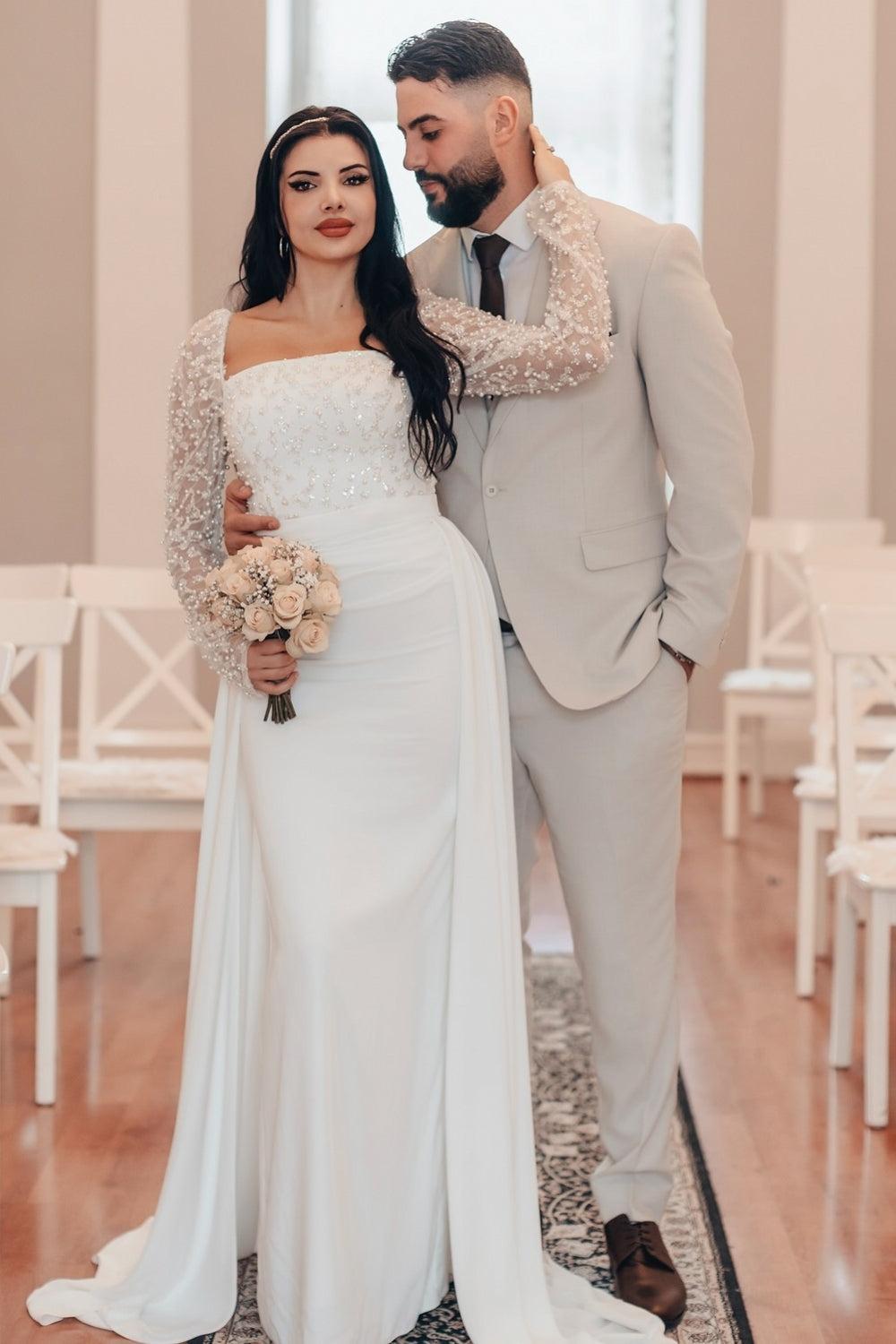 White Wedding Dress A Line Square Beaded Sleeves Ruffles Panel Train Satin Bridal Gown