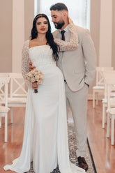 White Wedding Dress A Line Square Beaded Sleeves Ruffles Panel Train Satin Bridal Gown