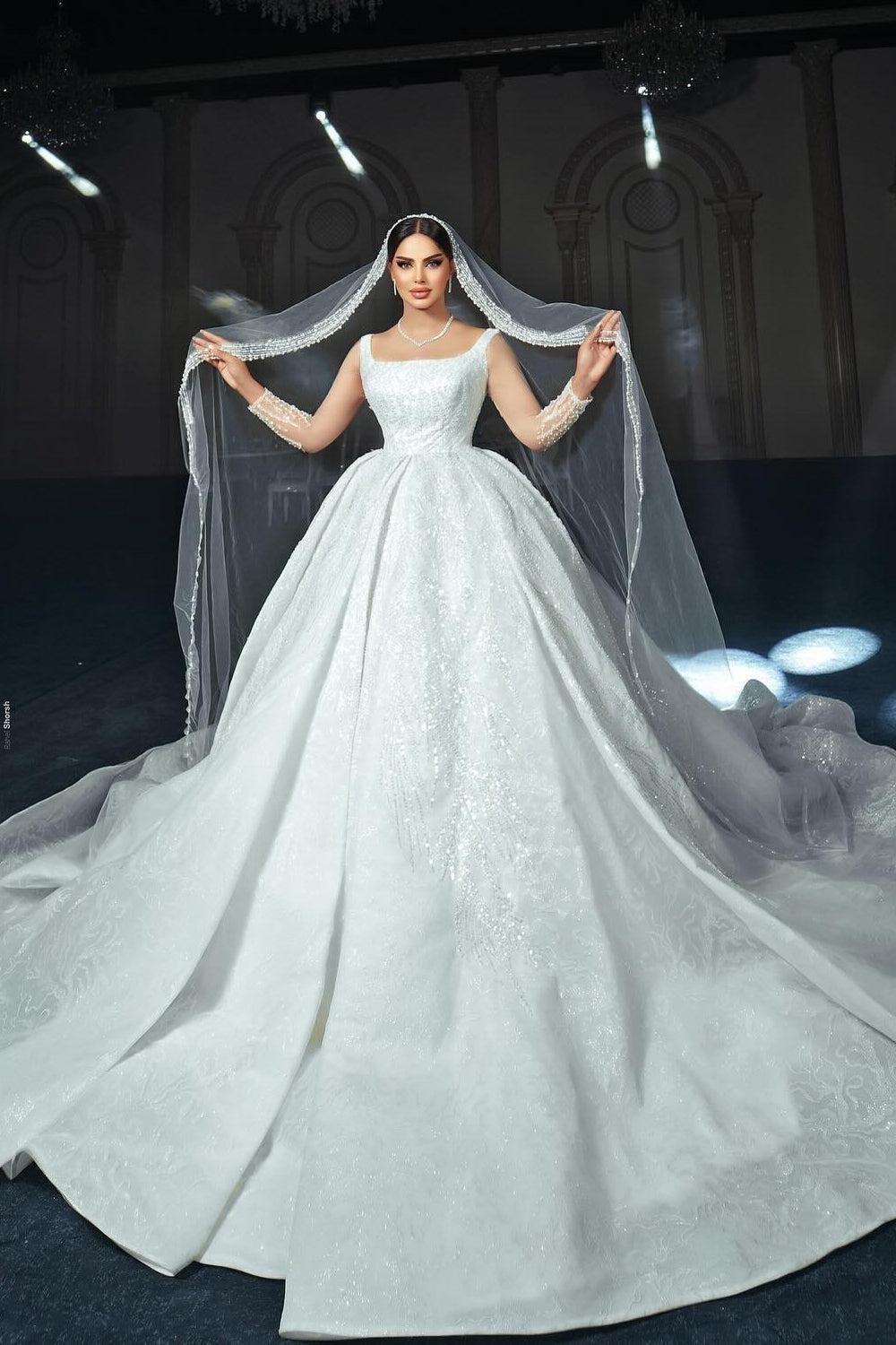 White Wedding Dress A Line Square Spaghetti Strap Sequined Ball Gown Satin Bridal Gown With Ruffles