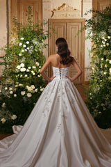 White Wedding Dress A Line Strapless Beaded Ball Gown Sleeveless Cathedral Train Satin Bridal Gown With 3D Flowers
