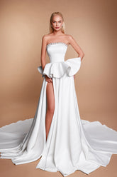 White Wedding Dress A Line Strapless Sleeveless Beaded Long Satin Ruffle Bridal Gown With High Slit