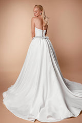 White Wedding Dress A Line Strapless Sleeveless Beaded Long Split Front Satin Bridal Gown With Pearls