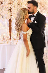 White Wedding Dress A Line Sweetheart Off The Shoulder Lace Tulle Bridal Gown With Appliques