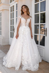 White Wedding Dress A Line V Neck Cap Sleeves Lace Long Tulle Bridal Gown With Appliques