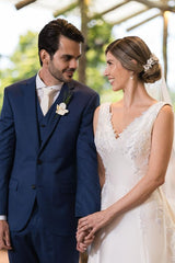 White Wedding Dress A Line V Neck Sleeveless Cathedral Train Satin Bridal Gown With Appliques