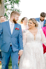 White Wedding Dress A Line V Neck Sleeves Lace Chapel Train Bridal Gown With Appliques