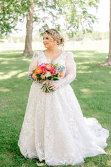 White Wedding Dress A Line V Neck Sleeves Lace Chapel Train Bridal Gown With Appliques