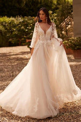 White Wedding Dress A Line V Neck Sleeves Sweep Train Tulle Bridal Gown With Appliques