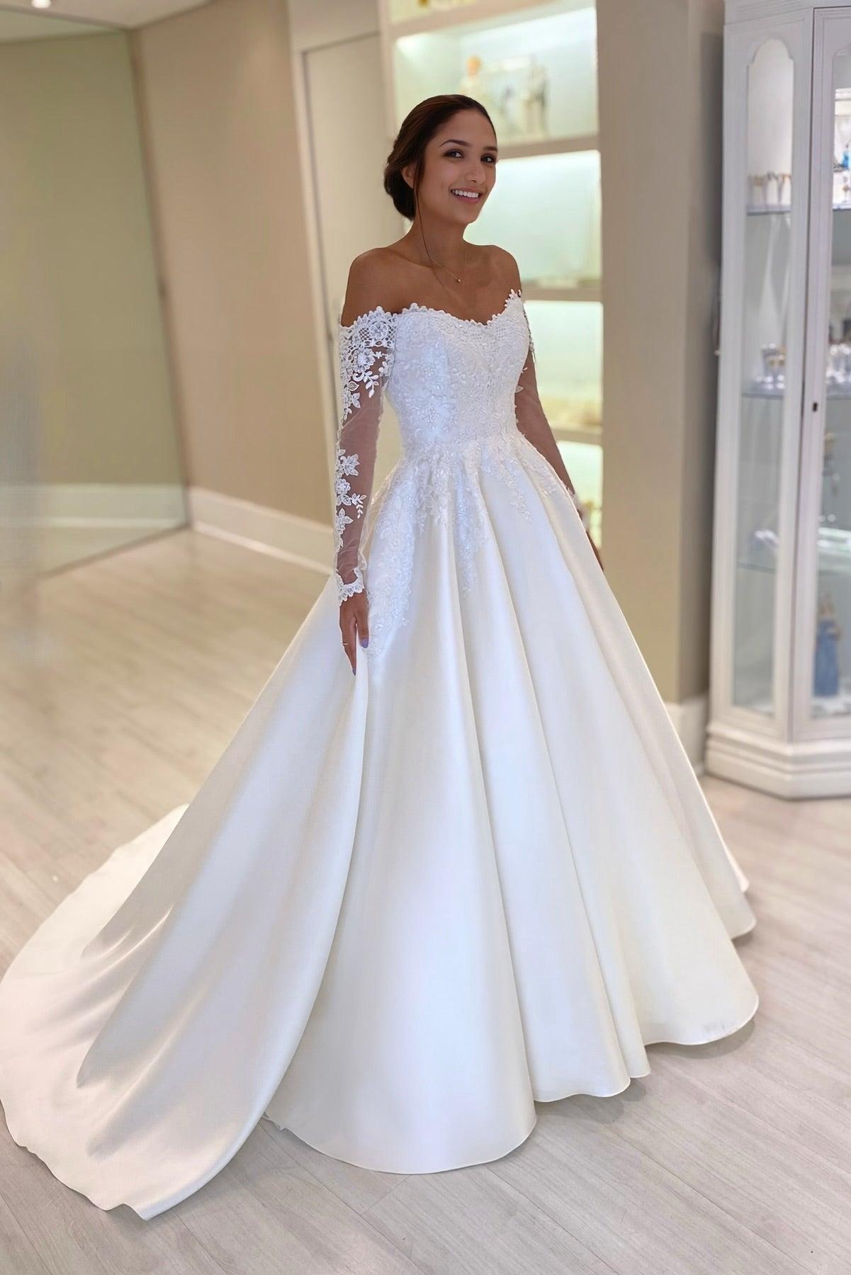 Dreamyannie UK White Wedding Dress Ball Gown Off The Shoulder Lace Sleeves Chapel Train Satin Bridal Gown Dreamyannie UK White Wedding Dress Ball Gown Off The Shoulder Lace Sleeves Chapel Train Satin Bridal Gown