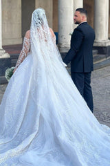 White Wedding Dress Ball Gown Off The Shoulder Sleeves Beaded Lace Cathedral Train Bridal Gown