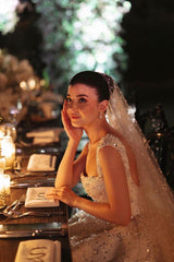 White Wedding Dress Ball Gown Square Spaghetti Straps Sleeveless Beaded Sequined Cathedral Train Bridal Gown