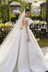 White Wedding Dress Ball Gown Square Spaghetti Straps Sleeveless Beaded Sequined Cathedral Train Bridal Gown