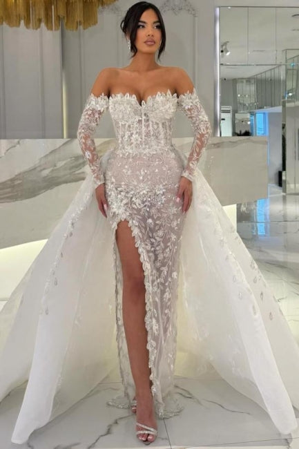 White Wedding Dress Column Sweetheart Off The Shoulder Long Sleeves Panel Train Lace Bridal Gown With Slit