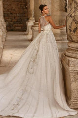 White Wedding Dress Halter A Line Sleeveless Sequined Lace Ball Gown Tulle Bridal Gown With Appliques