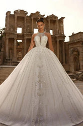 White Wedding Dress Halter A Line Sleeveless Sequined Lace Ball Gown Tulle Bridal Gown With Appliques