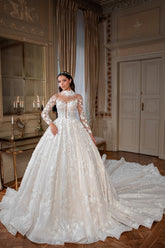 White Wedding Dress High Neck Ball Gown Beaded Long Sleeves Cathedral Train Lace Bridal Gown With Appliques