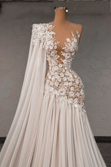 White Wedding Dress Lace A Line Beaded Asymmetrical One Shoulder Cap Sleeves Sweep Train Chiffon Bridal Gown With Pearls