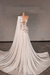 White Wedding Dress Lace A Line Beaded Asymmetrical One Shoulder Cap Sleeves Sweep Train Chiffon Bridal Gown With Pearls