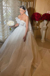 White Wedding Dress Lace Ball Gown Strapless Sleeveless Ruffles Sequined Cathedral Train Bridal Gown