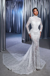 White Wedding Dress Lace Mermaid High Neck Sleeves Sweep Train Tulle Bridal Gown