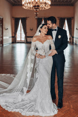 White Wedding Dress Lace Mermaid Sweetheart Off The Shoulder Beaded Long Sleeves Sweep Train Bridal Gown