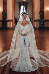 White Wedding Dress Lace Mermaid Sweetheart Off The Shoulder Beaded Sleeves Sweep Train Bridal Gown