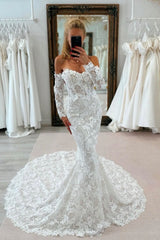 White Wedding Dress Lace Mermaid Sweetheart Off The Shoulder Long Sleeves Cathedral Train Bridal Gown