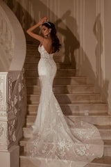 White Wedding Dress Lace Mermaid Sweetheart Spaghetti Strap Long Bridal Gown