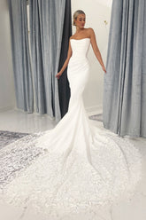 White Wedding Dress Lace Mermaid Sweetheart Strapless Sleeveless Cathedral Train Ruffle Satin Bridal Gown