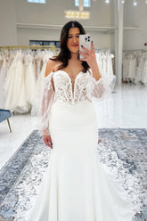 White Wedding Dress Lace Mermaid V Neck Off The Shoulder Sleeves Cathedral Train Satin Bridal Gown