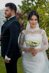 White Wedding Dress Mermaid High Neck Lace Long Sleeves Sequined Tulle Bridal Gown With Appliques