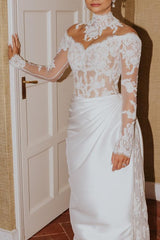 White Wedding Dress Mermaid High Neck Lace Satin Ruffle Detachable Panel Train Bridal Gown With Appliques