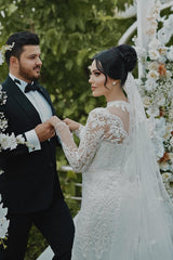 White Wedding Dress Mermaid High Neck Lace Sleeves Sequined Tulle Bridal Gown With Appliques