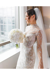 White Wedding Dress Mermaid High Neck Long Sleeves Beaded Sweep Train Tulle Bridal Gown With Sequins