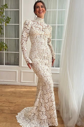 White Wedding Dress Mermaid High Neck Long Sleeves Floor Length Lace Bridal Gown With Pearls
