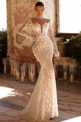 White Wedding Dress Mermaid High Neck Long Sleeves Lace Tulle Bridal Gown With Handmake Flowers
