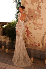 White Wedding Dress Mermaid High Neck Long Sleeves Lace Tulle Bridal Gown With Handmake Flowers