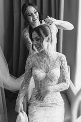 White Wedding Dress Mermaid High Neck Sleeves Beaded Sweep Train Tulle Bridal Gown With Sequins
