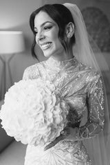 White Wedding Dress Mermaid High Neck Sleeves Beaded Sweep Train Tulle Bridal Gown With Sequins