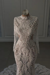 White Wedding Dress Mermaid Lace Beaded High Neck Long Sleeves Chapel Train Bridal Gown