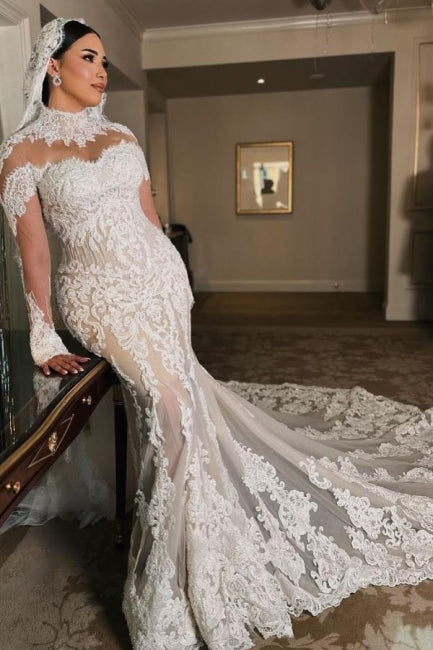 White Wedding Dress Mermaid Long Sleeves High Neck Lace Cathedral Train Tulle Bridal Gown