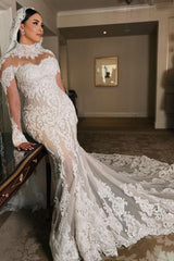White Wedding Dress Mermaid Long Sleeves High Neck Lace Cathedral Train Tulle Bridal Gown